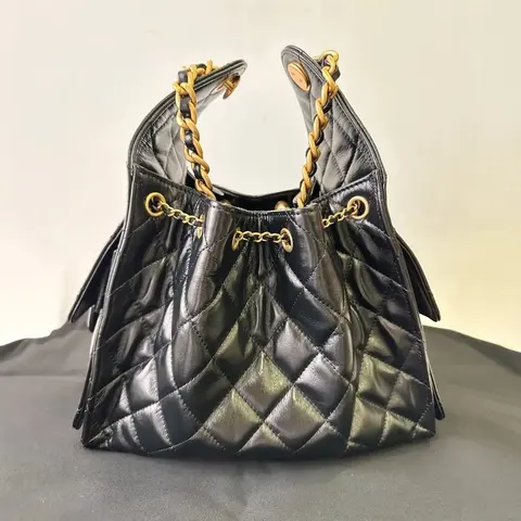 Black Quilted Leather Shoulder Bag with Gold Chain Straps