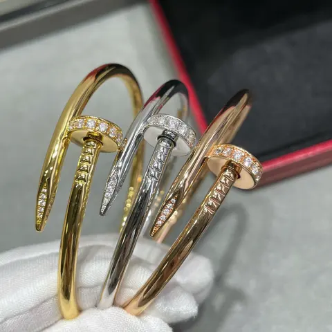 Crystal-Encrusted Nail Shape Bangle Bracelets in Gold, Silver, and Rose Gold