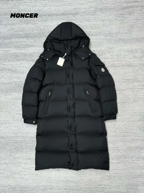 Moncler Long Black Down Coat with Hood