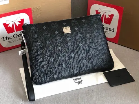 MCM Black Monogram Zip-Around Clutch