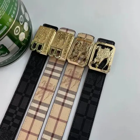 Burberry Check Pattern Belts with Gold Horse Buckles