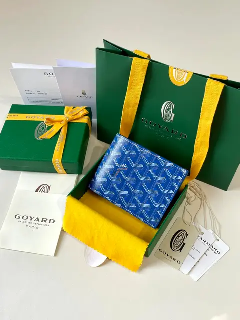 Goyard Blue Monogram Wallet with Green Box and Accessories