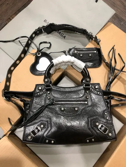 Balenciaga Black Leather City Bag with Hardware Details