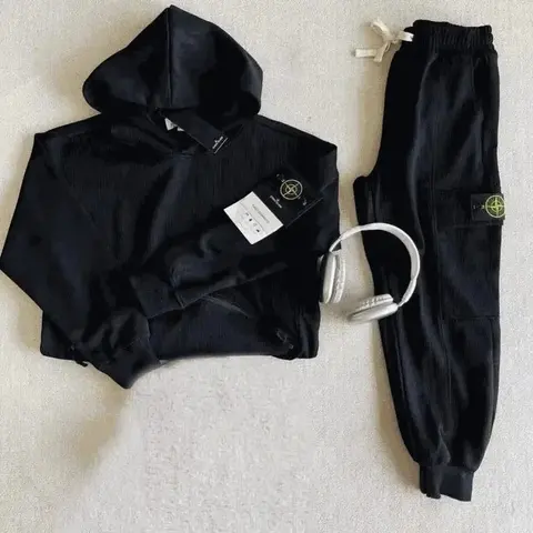 Stone Island Black Ribbed Hoodie and Jogger Set