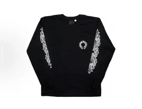 Black Long Sleeve T-Shirt with White Ornamental Sleeve Design and Chest Patch