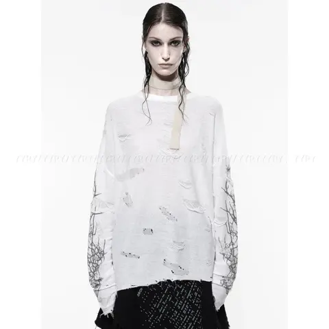 YYRY Distressed White Knit Sweater with Branch Embroidery