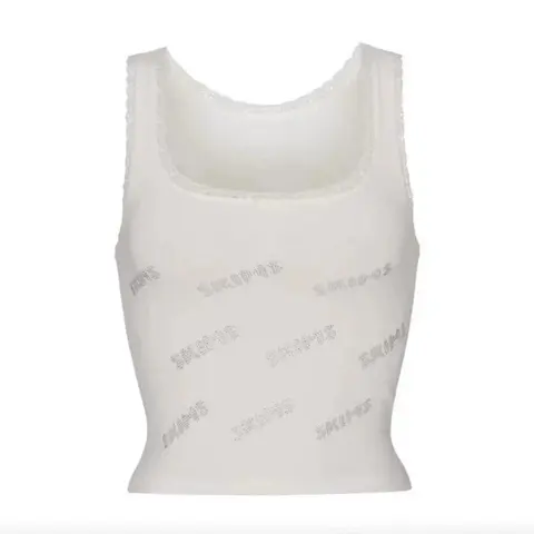 Pink Rhinestone Letter Logo Lace Stretch Cami Top