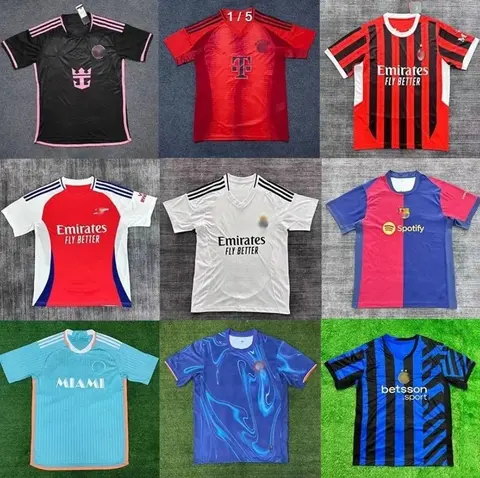 Collection of Football Club jerseys including Real Madrid, Bayern Munich, AC Milan, Arsenal, Barcelona, Inter Milan, and Miami