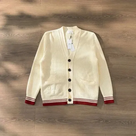 Ama Cream Ribbed Cardigan with Red Trim