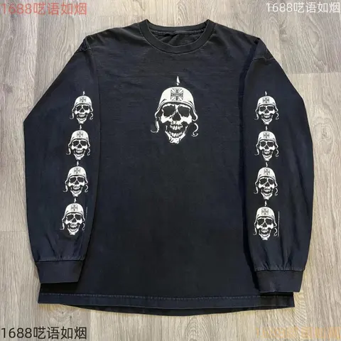 Black Long Sleeve T-Shirt with Skull and Helmet Graphic