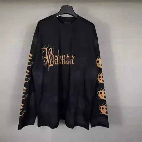 Balenciaga Black Long Sleeve T-Shirt with Gold Gothic Logo