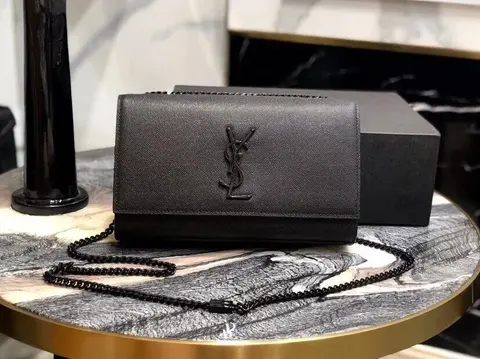 Saint Laurent Black Leather Monogram Wallet on Chain