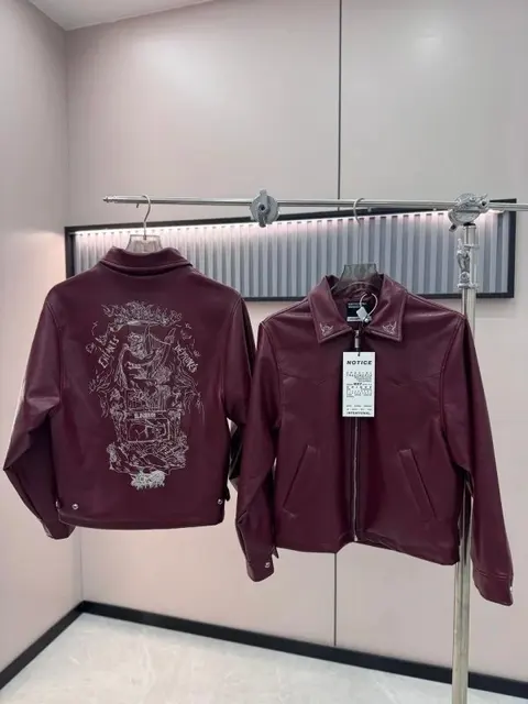 Maroon Leather Jacket with Embroidered Back Design