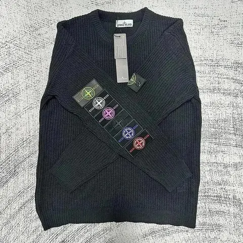 Stone Island Black Knit Sweater with Multi-Color Logo Patches