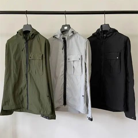 Men's Hooded Windbreaker Jacket in Olive, Gray, and Black