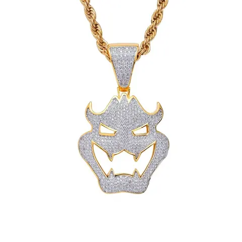 Gold and Diamond-Encrusted Dragon Face Pendant Necklace