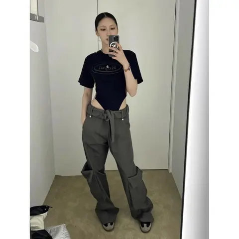 Black Cut-Out T-Shirt with Gray Wide-Leg Cargo Pants