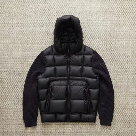 Moncler Black Hooded Puffer Jacket with Knit Sleeves