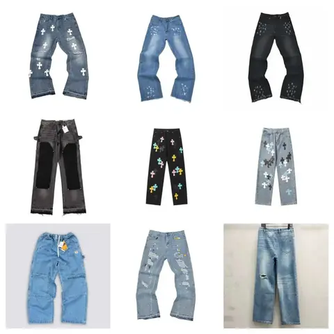 Collection of Cross-Embroidered and Distressed Denim Pants
