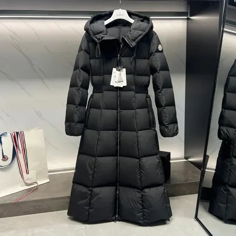 Moncler Long Black Down Coat with Hood