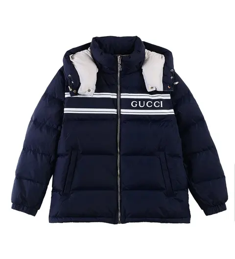 Gucci Navy Blue Puffer Jacket with White Stripe and Logo