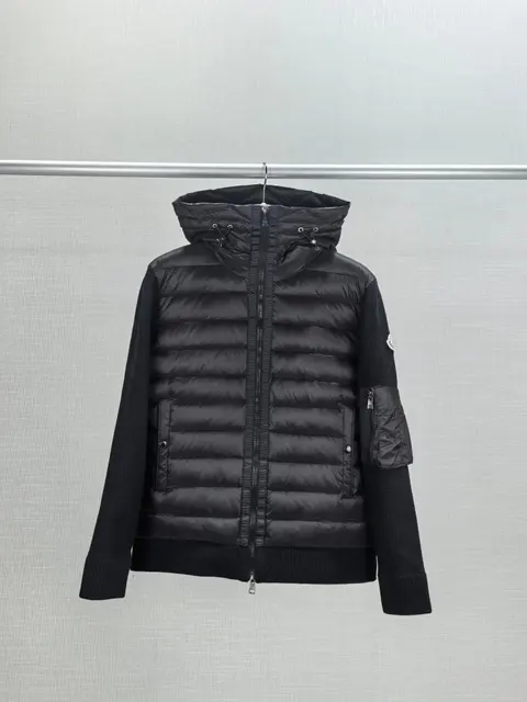 Moncler Black Quilted Down Jacket with Knit Sleeves