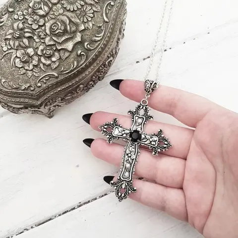 Antique Silver Cross Pendant Necklace with Black Stone