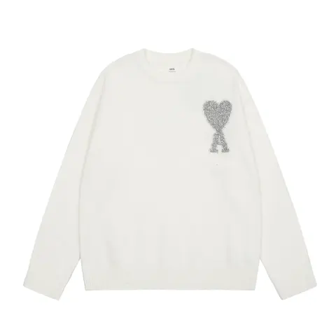 AMI Paris White Sweater with Silver Heart Applique