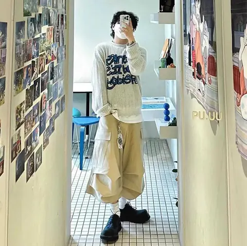PU.UU Oversized Knit Sweater with Graphic Print and Cargo Pants Outfit