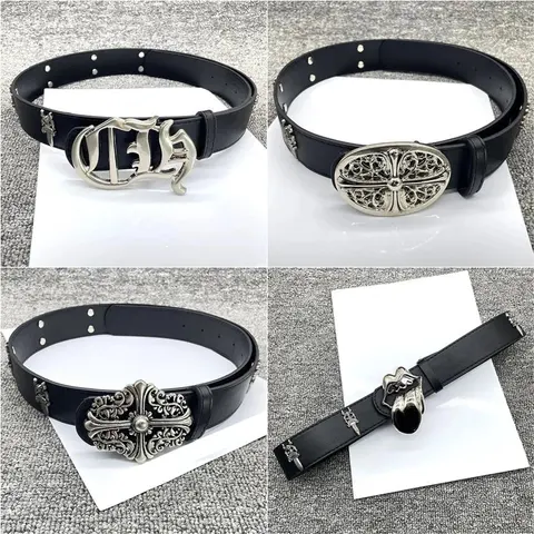 Black Leather Belts with Ornate Metal Buckles