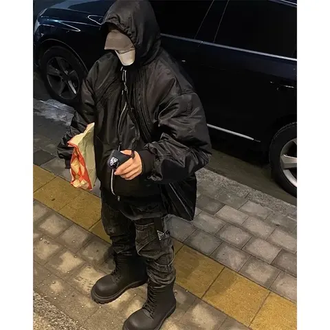 Black Hooded Puffer Jacket with Zipper Details