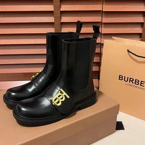 Burberry Black Leather Chelsea Boots with Gold TB Buckle