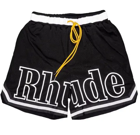 Rhude Black Mesh Shorts with Yellow Drawstring
