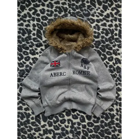 Abercrombie & Fitch Gray Hooded Zip-Up Sweatshirt with Faux Fur Lining