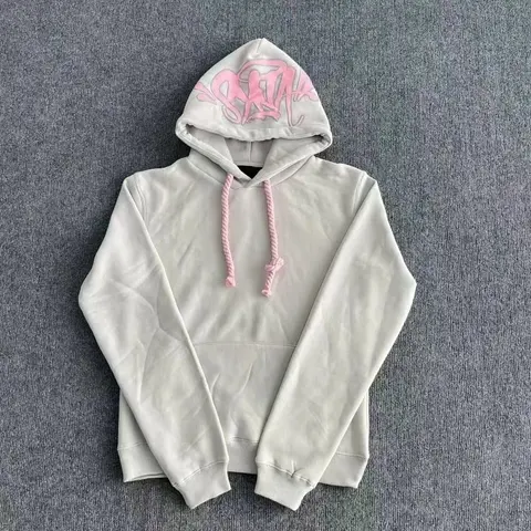 White Hoodie with Pink Logo and Drawstrings