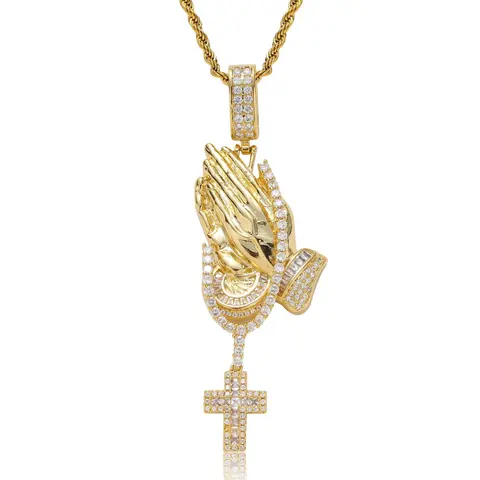 Gold Praying Hands Pendant with Cross Charm