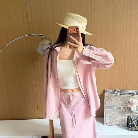 Pink Linen Shirt and Skirt Set with Straw Hat