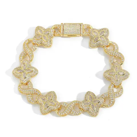 Gold Flower Link Bracelet with Diamond Accents