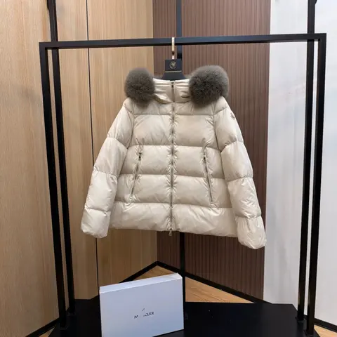 Moncler Cream Puffer Jacket with Fur Hood