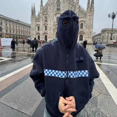 Dark Blue Checkerboard Hoodie with Full-Face Mask