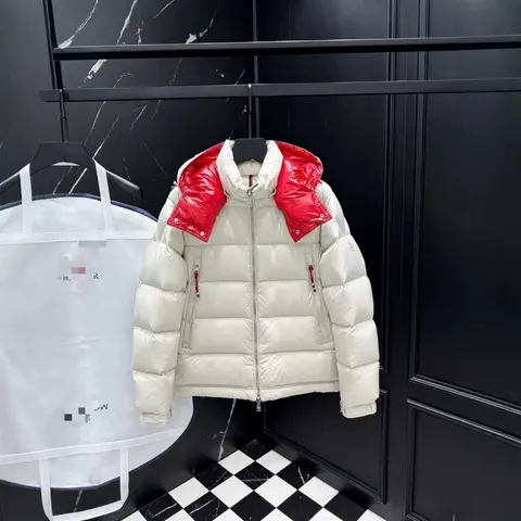 Moncler White Down Jacket with Red Hood