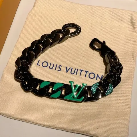 Louis Vuitton Black Chain Bracelet with Green LV Logo