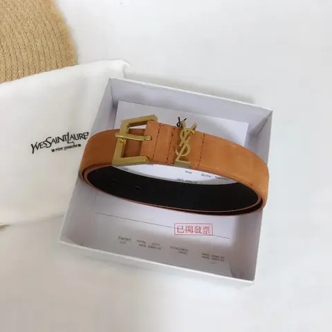 Yves Saint Laurent Tan Leather Belt with Gold YSL Logo Buckle