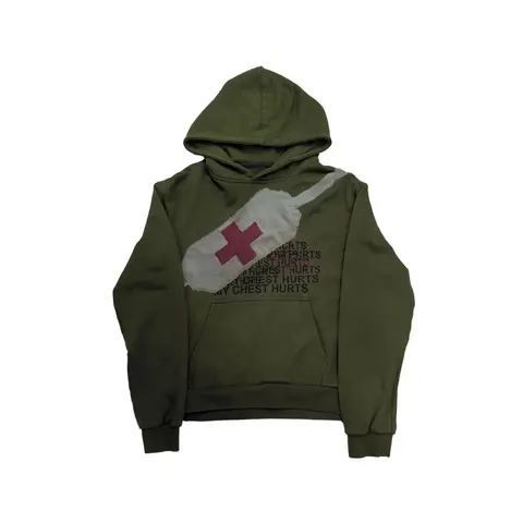 Olive Green Hoodie with Bandage Print and 'My Chest Hurts' Text