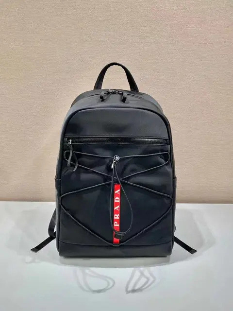 Prada Black Nylon Backpack with Red Logo Strip