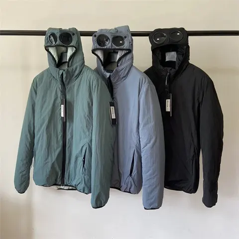 Three-Color Hooded Puffer Jacket with Goggle Hood Design