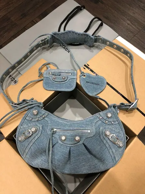 Balenciaga Denim Horse Saddle Bag with Crystal Accents