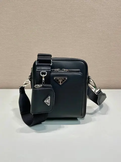 Prada Black Leather Crossbody Bag with Triangular Logo