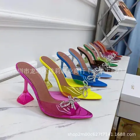 Colorful Transparent Heeled Mules with Crystal Bow