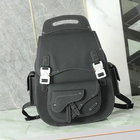 Black Leather Backpack with Silver Buckles